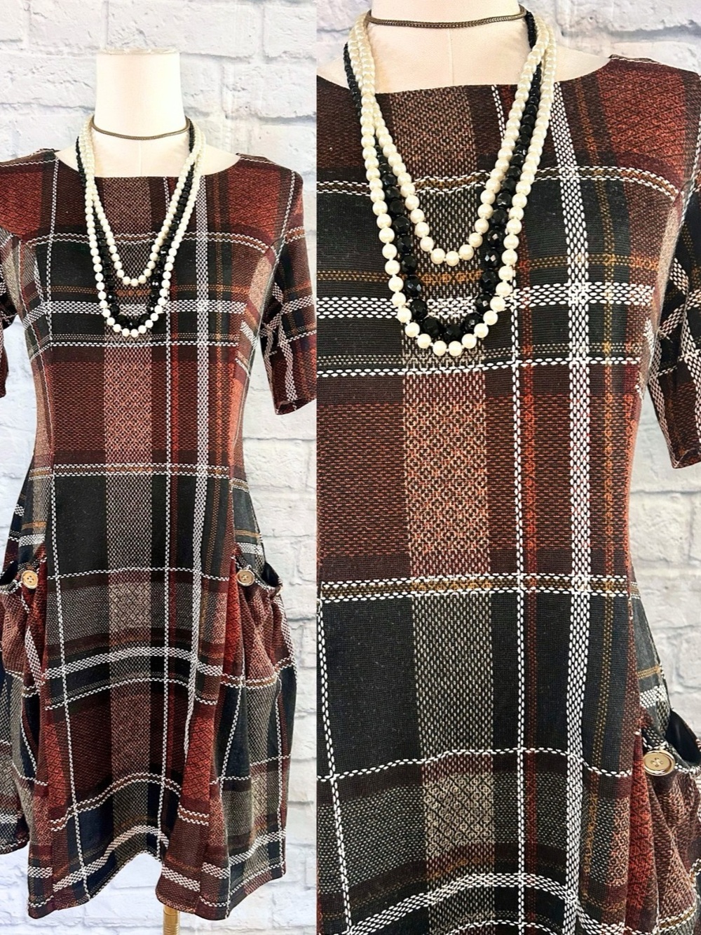 Vintage 90s Style Fall Plaid Mini Dress Brown Black Grunge Glam Academia Preppy